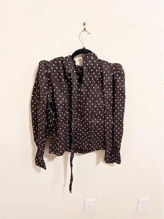 New Anthropologie Lovaan Danielle Linen Blend Polka Dot Long-Sleeve Blouse - Picture 9 of 10